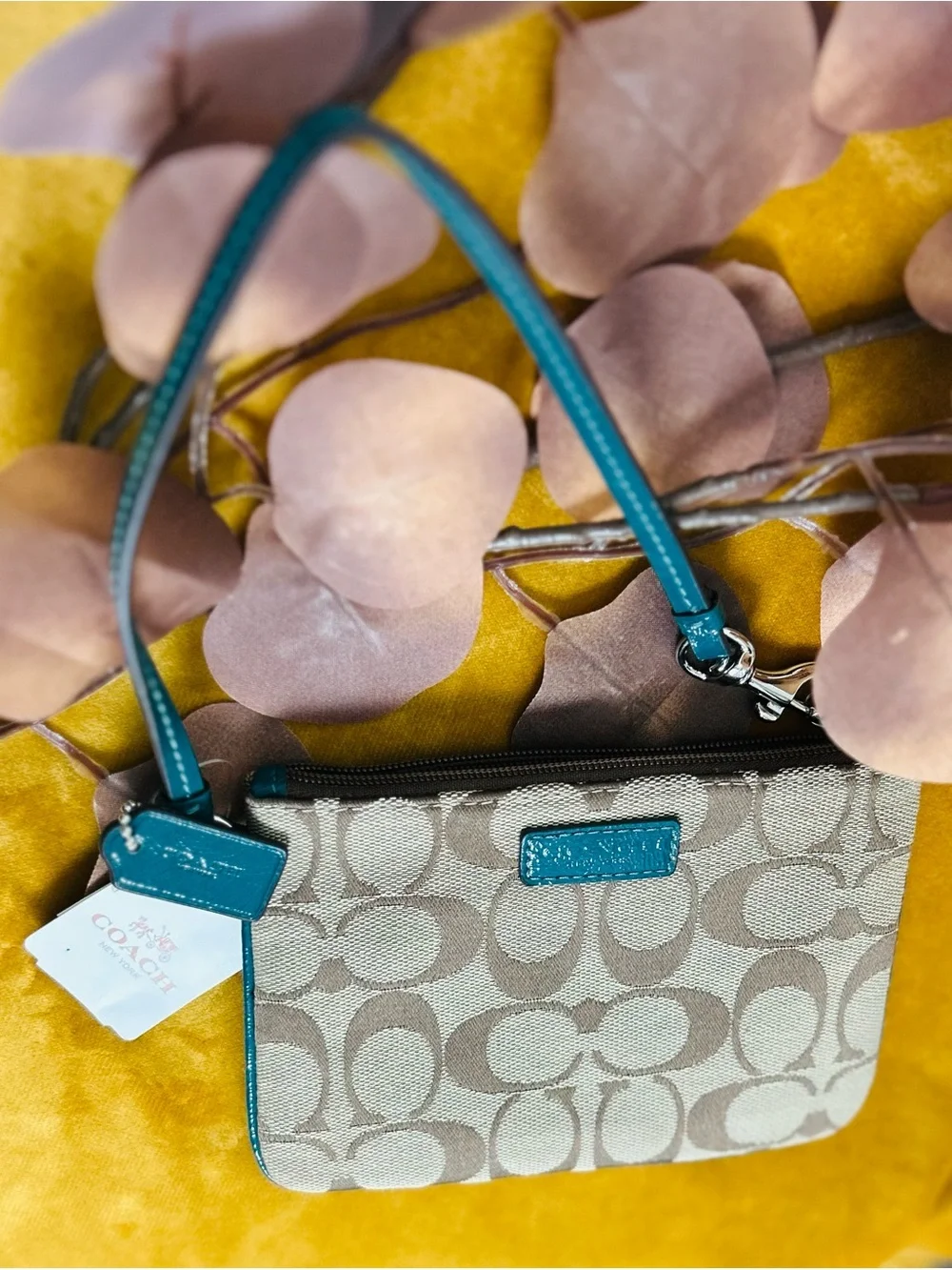 Coach Signature Canvas Wristlet with Teal Trim